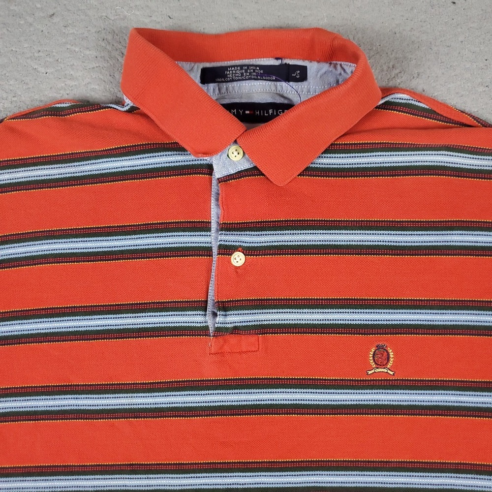 Tommy Hilfiger Polo Shirt Mens Large Red Orange Striped Short Sleeve Cotton Logo